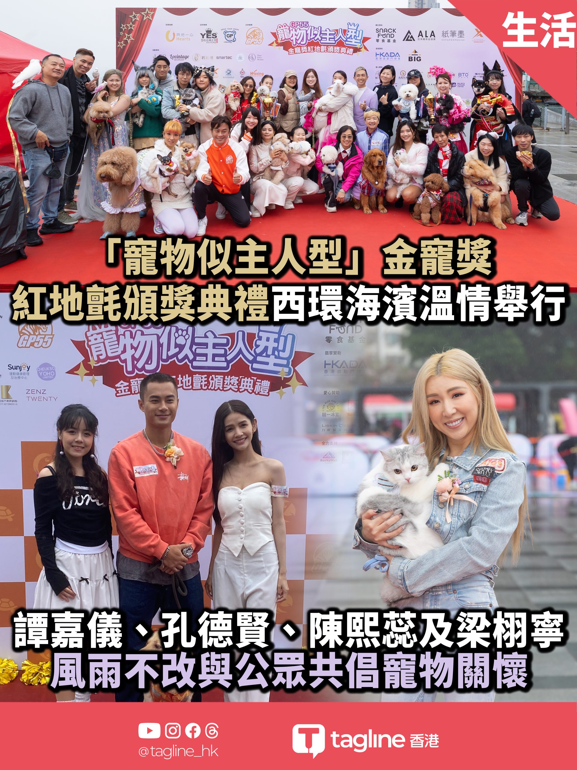 「寵物似主人型」金寵獎紅地氈頒獎典禮西環海濱溫情舉行譚嘉儀、孔德賢、陳熙蕊及梁栩寧風雨不改與公眾共倡寵物關懷