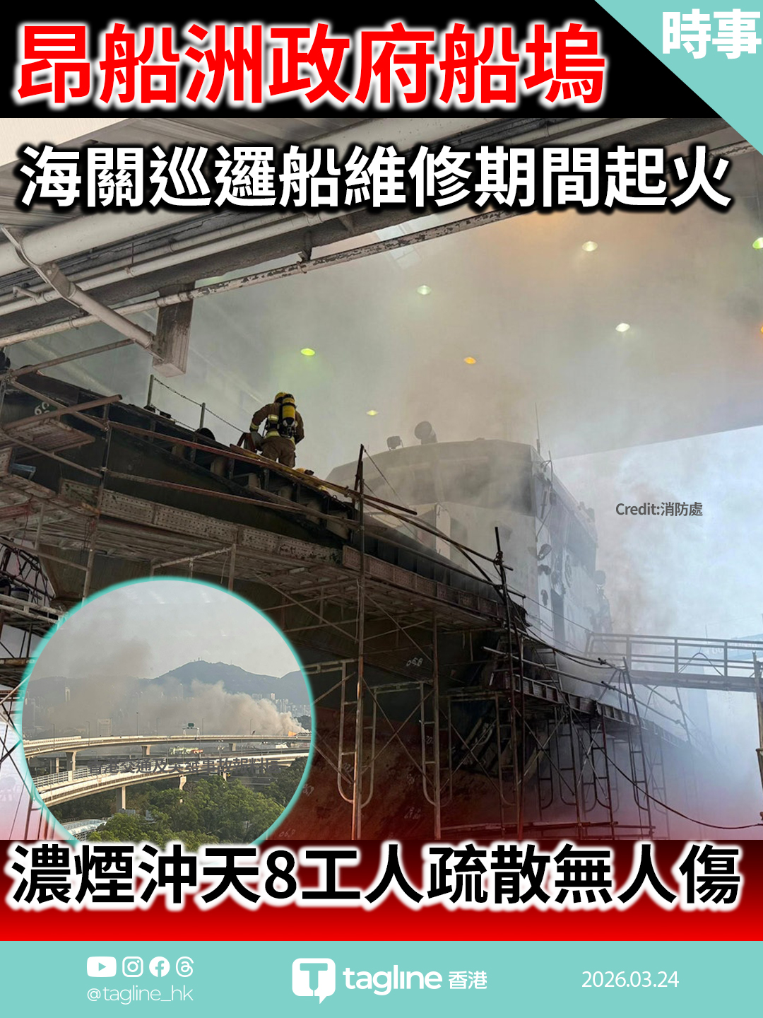 昂船洲政府船塢海關巡邏船維修期間起火 濃煙沖天 8工人疏散無人傷