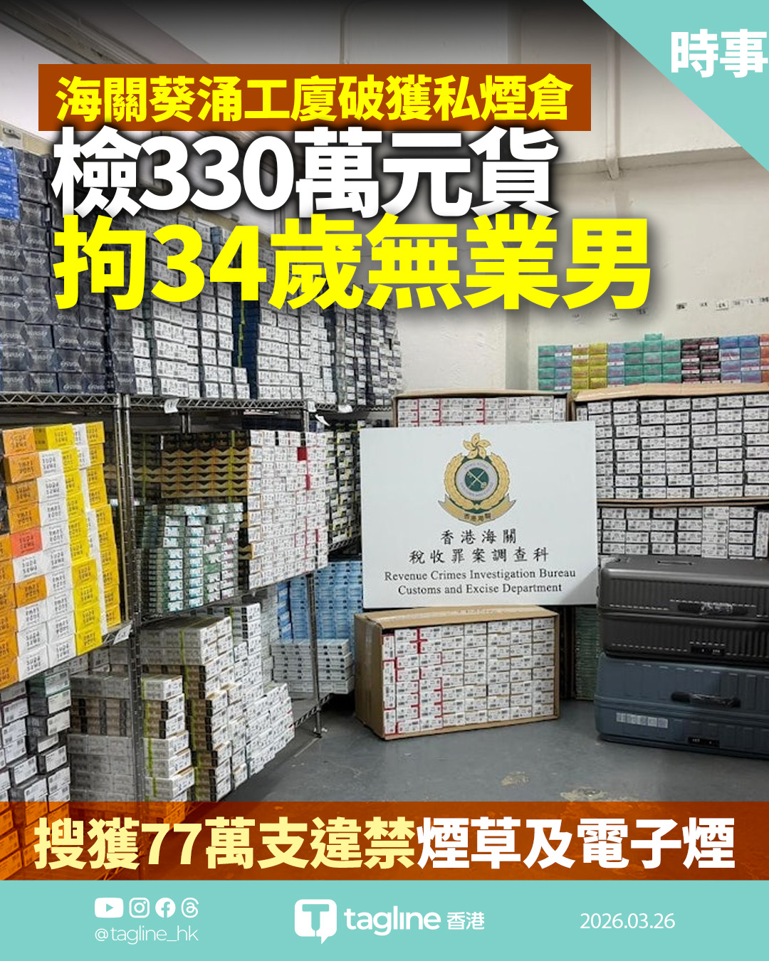海關葵涌工廈破獲私煙倉 檢330萬元貨拘34歲無業男