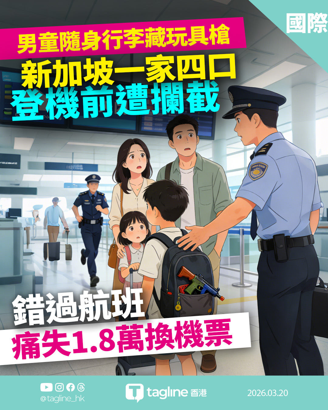 男童隨身行李藏玩具槍被截　全家錯過航班痛失1.8萬換機票