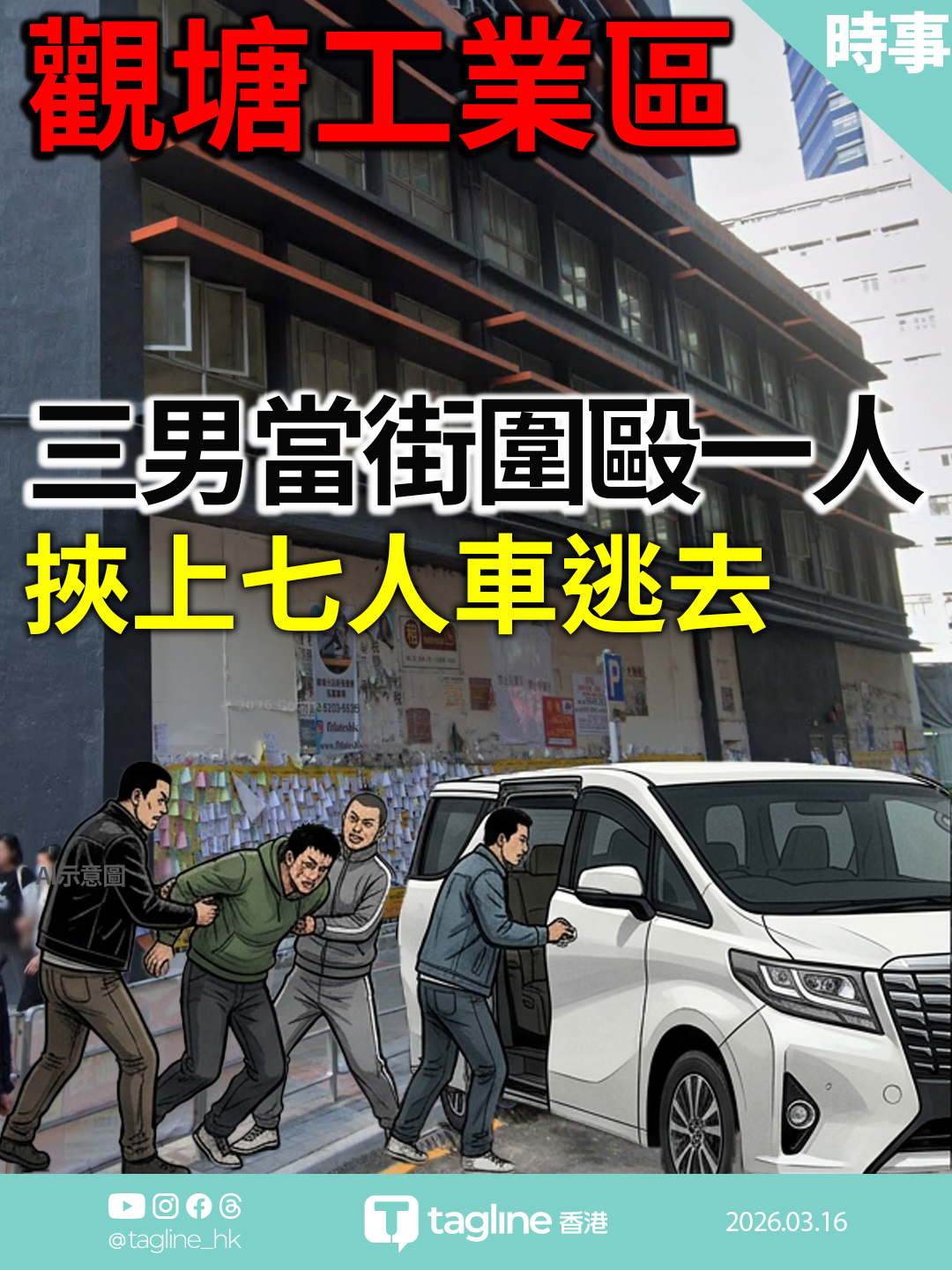 觀塘工業區發生三男當街圍毆一人後挾上車逃去