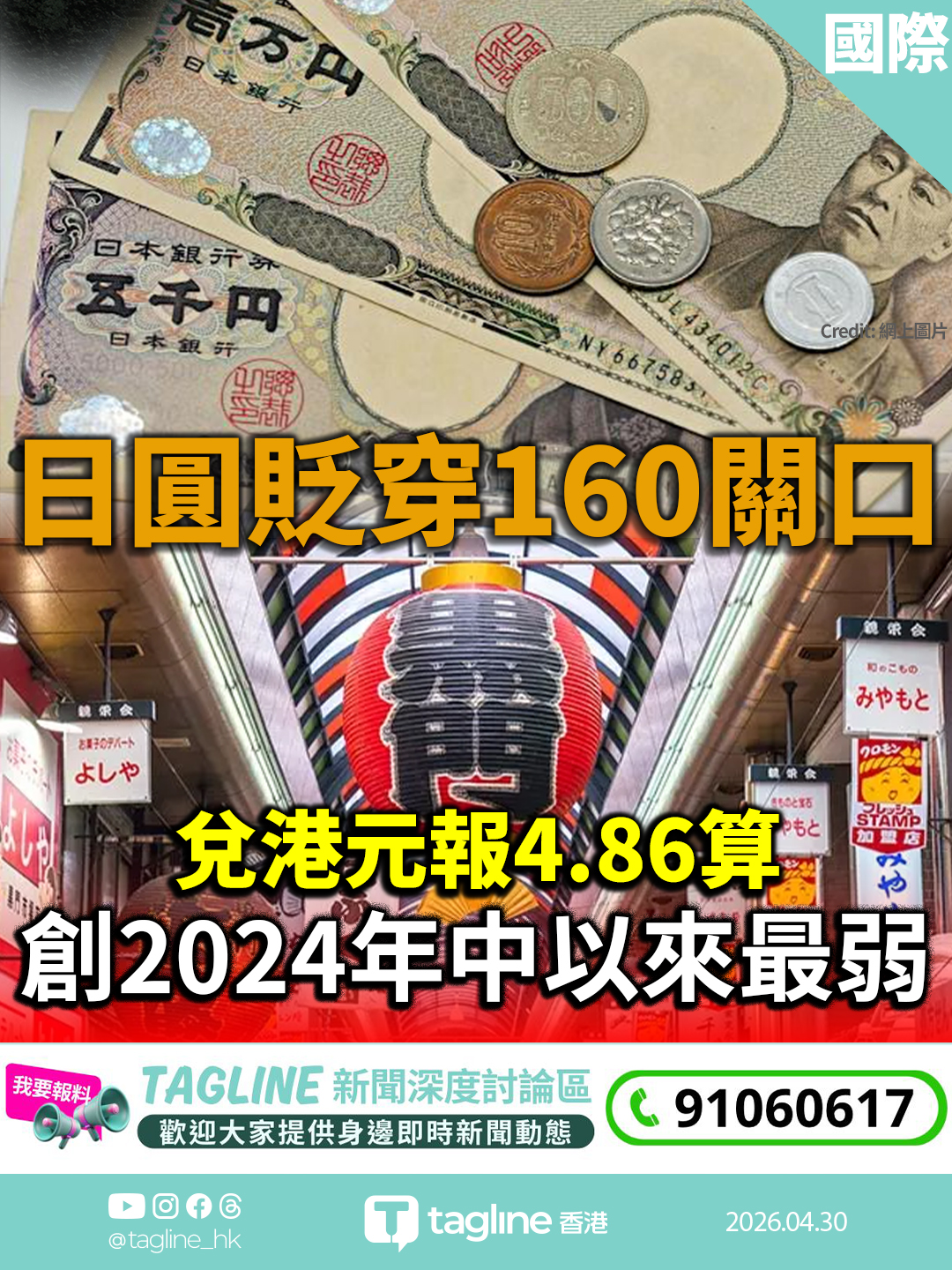 日圓貶穿160關口 兌港元報4.86算　創2024年中以來最弱