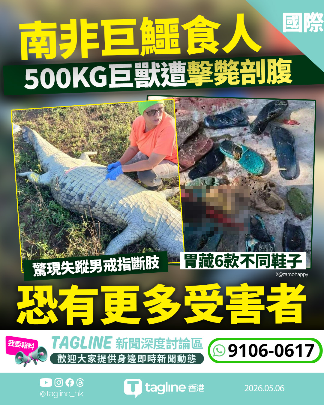 南非500公斤巨鱷食人遭擊斃 腹中驚藏人體殘肢與6隻鞋