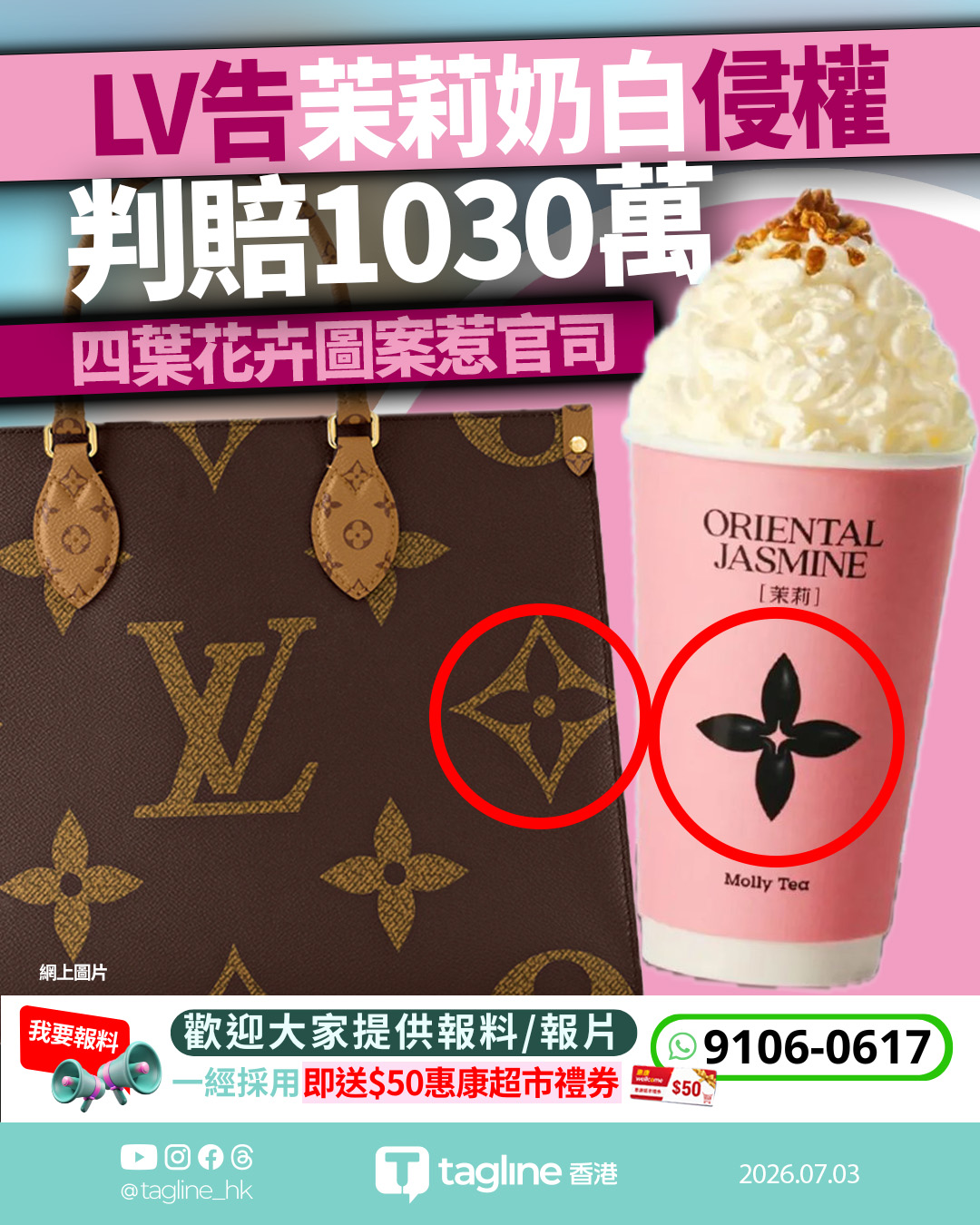 LV告茉莉奶白商標侵權 一審判賠1030萬