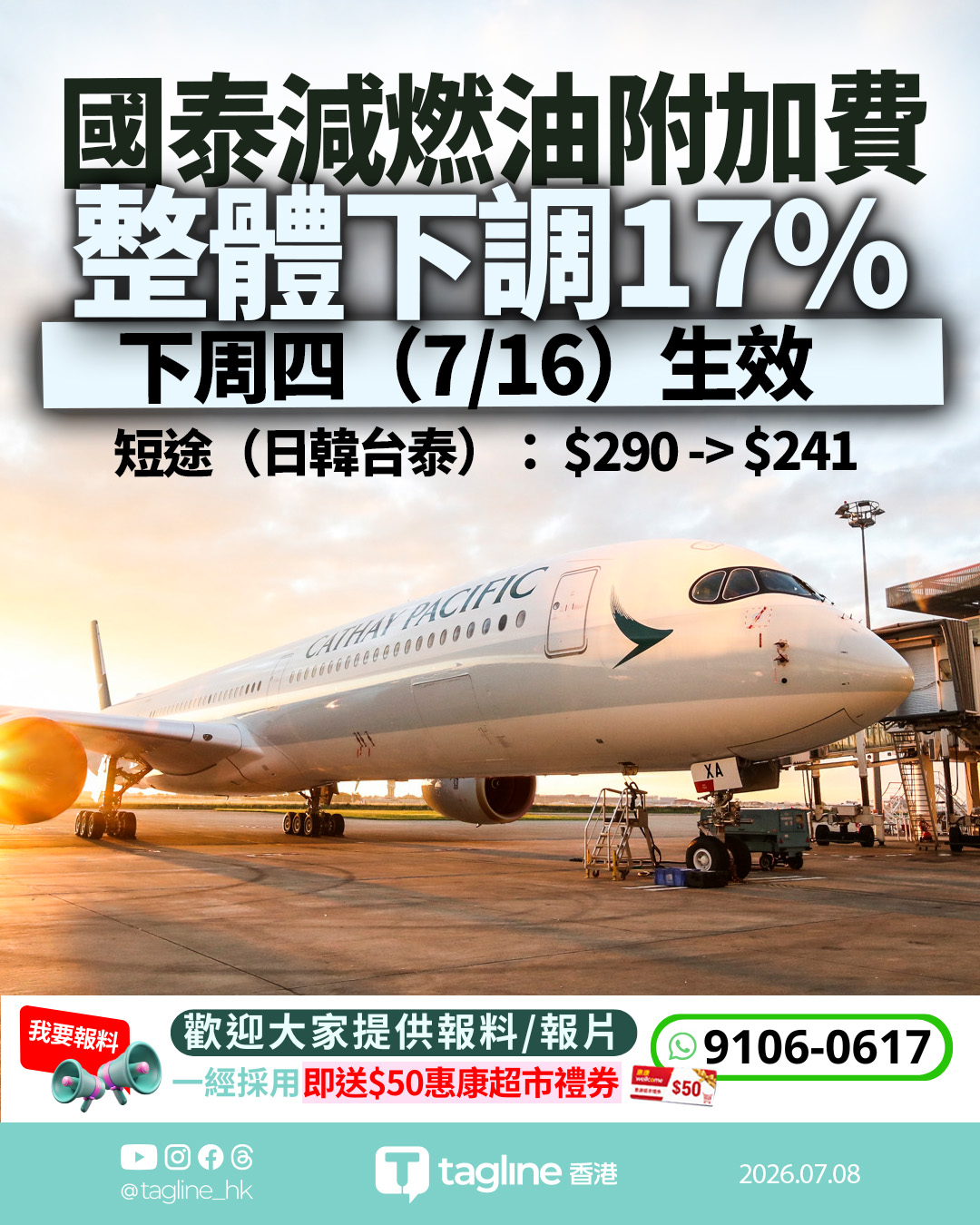 國泰下周四減燃油附加費達17% 日韓台短途降至$241 內地航線維持不變