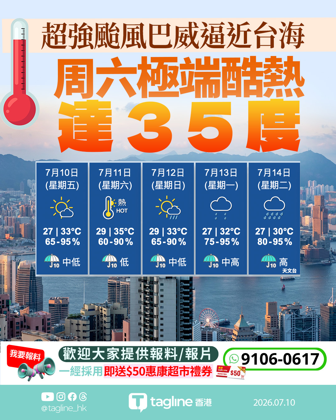超強颱風巴威逼近台海 外圍氣流挾湧浪襲港 周六極端酷熱達35度
