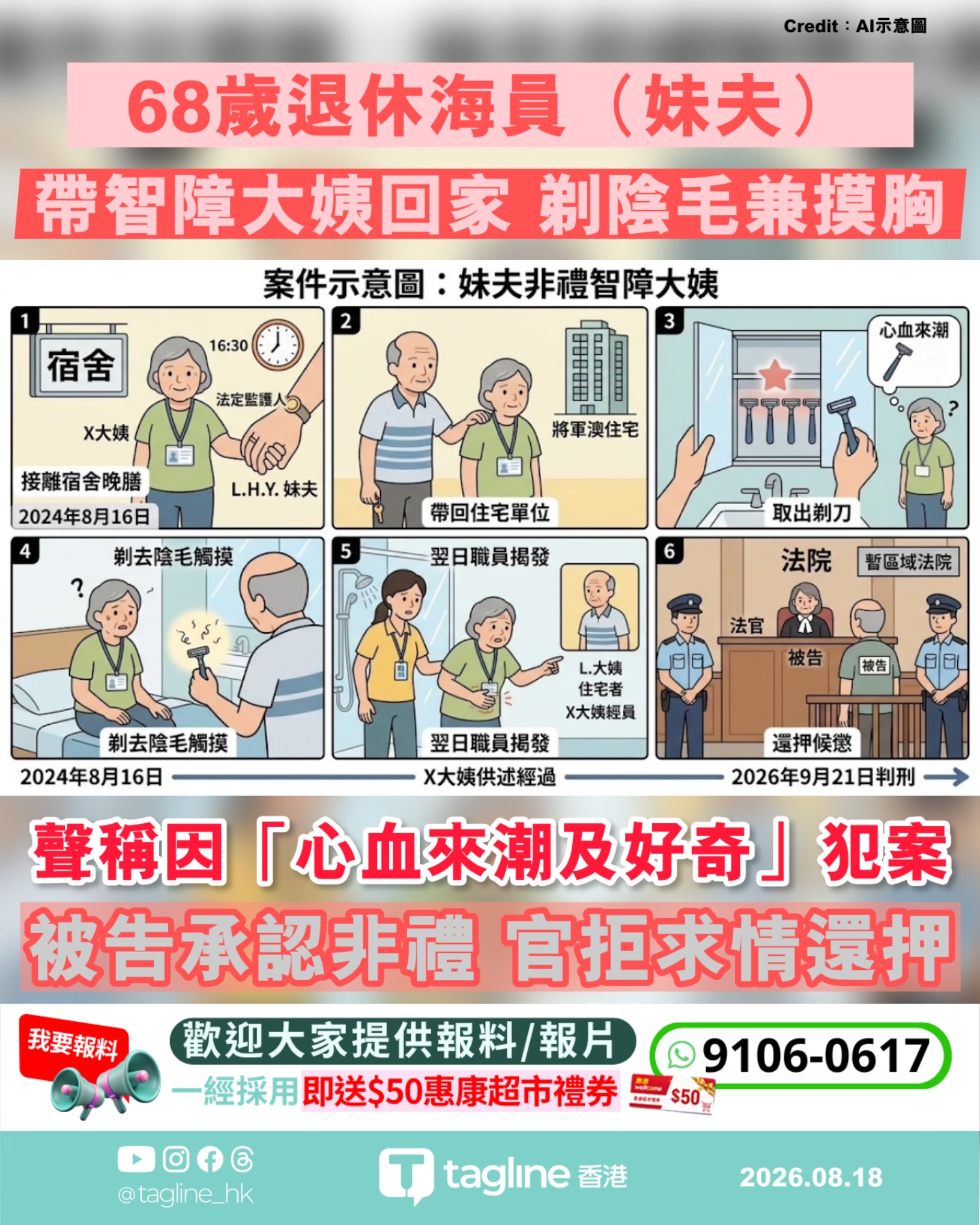 帶智障大姨回家剃陰毛兼摸胸 68歲妹夫認非禮 官拒求情還押