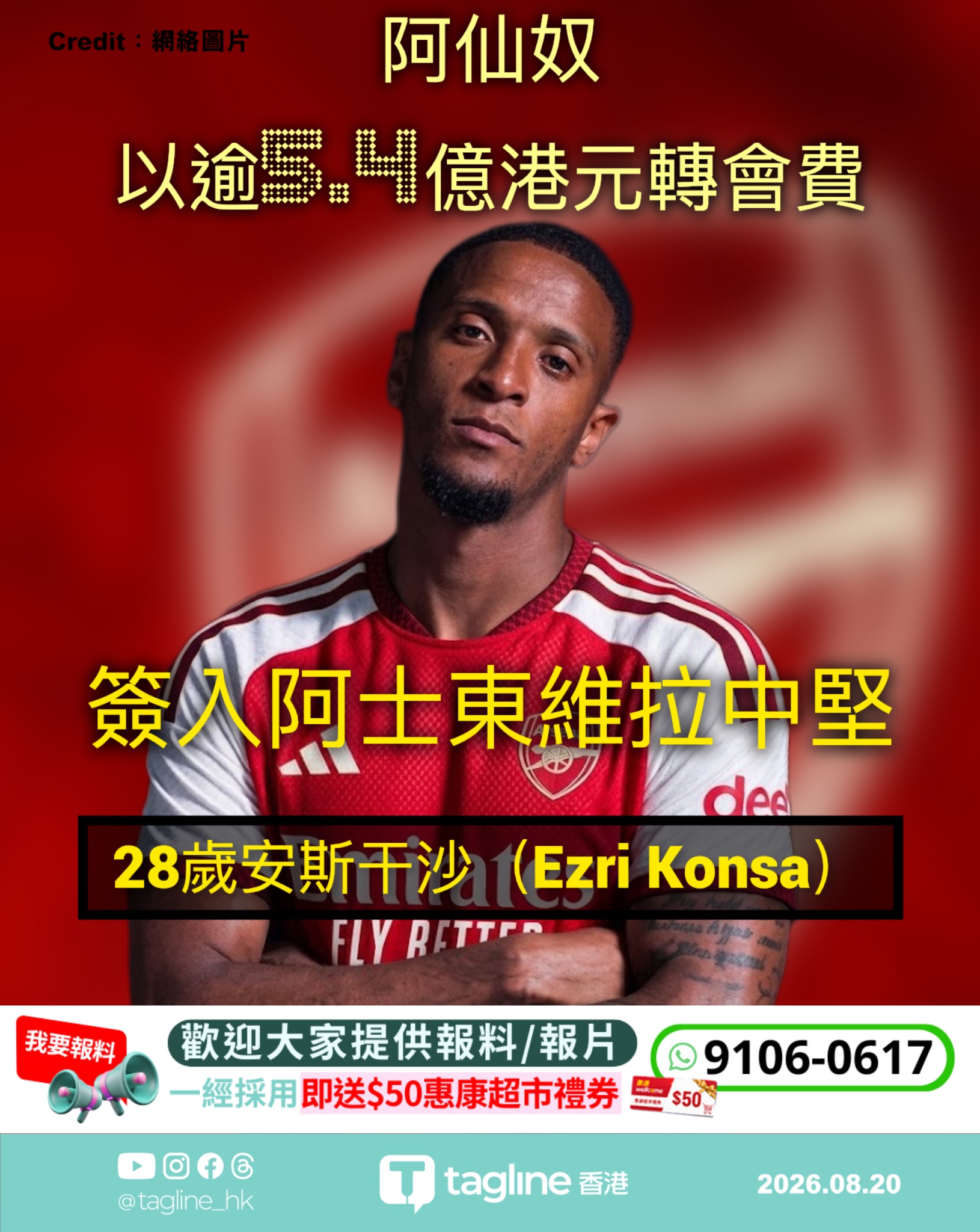 阿仙奴以逾5.4億港元轉會費簽入阿士東維拉中堅干沙（Ezri Konsa）