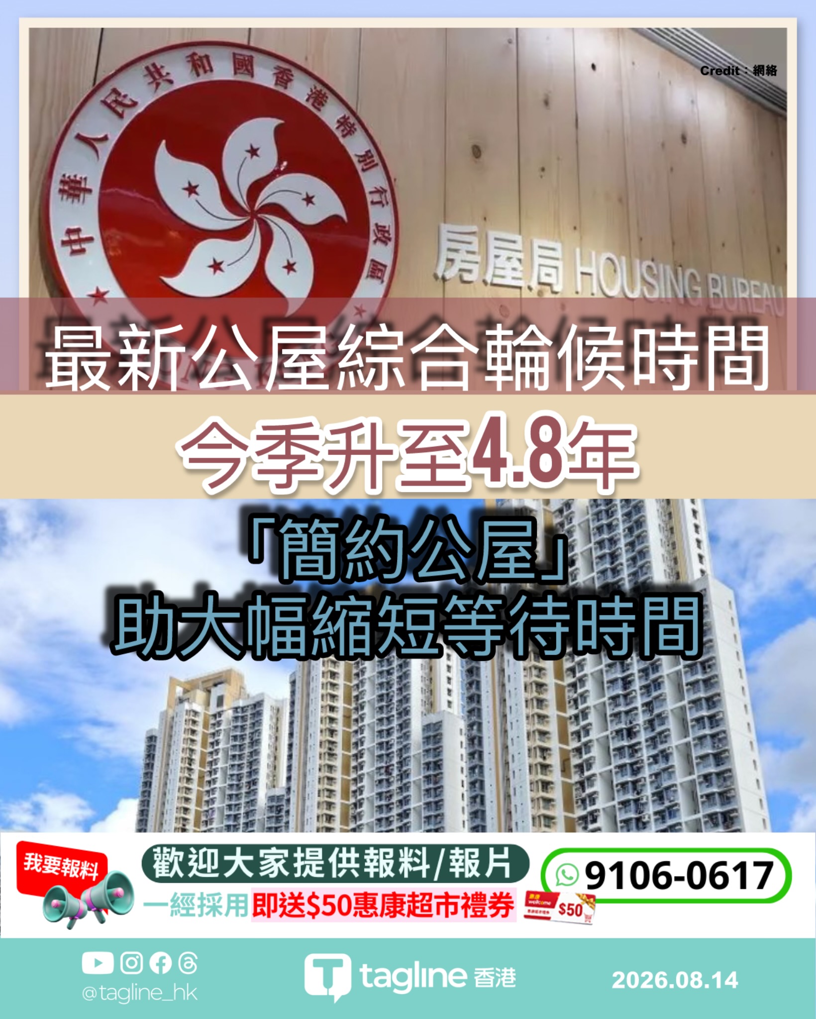 房屋局：最新公屋綜合輪候時間升至4.8年 受市區單位編配增加影響 仍朝4.5年目標邁進