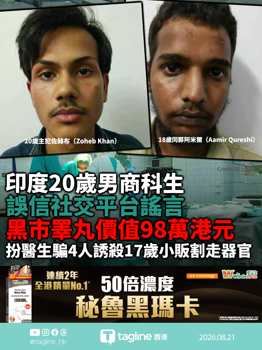 【全港銷量No.1 | WholeLove 黑瑪卡特約】印度20歲男商科生誤信社交平台謠言黑市睪丸價值98萬港元 扮醫生騙4人誘殺17歲小販割走器官