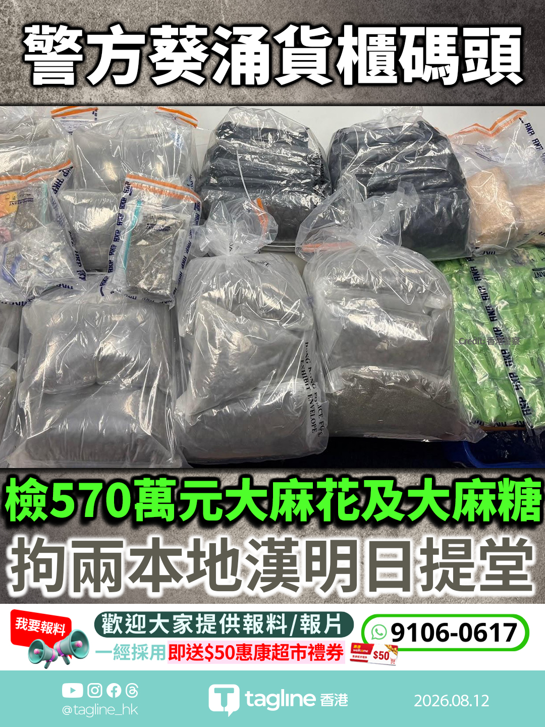 警方葵涌貨櫃碼頭檢570萬元大麻花及大麻糖 拘兩本地漢明日提堂