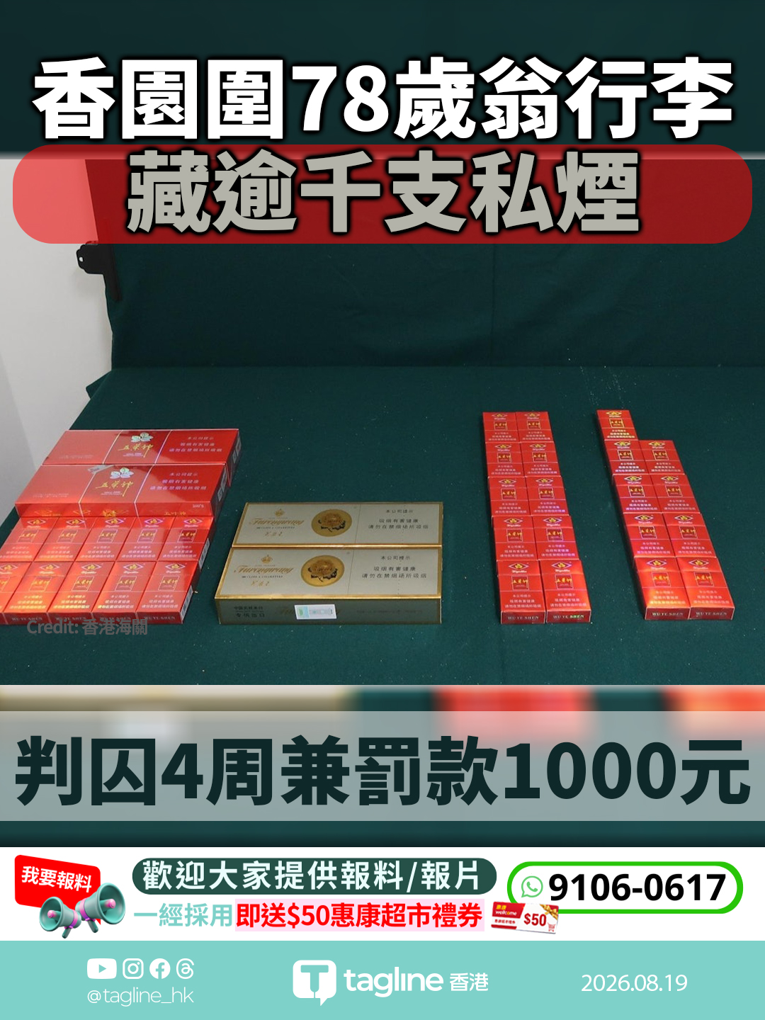 香園圍78歲翁行李藏逾千支私煙 判囚4周兼罰款1000元