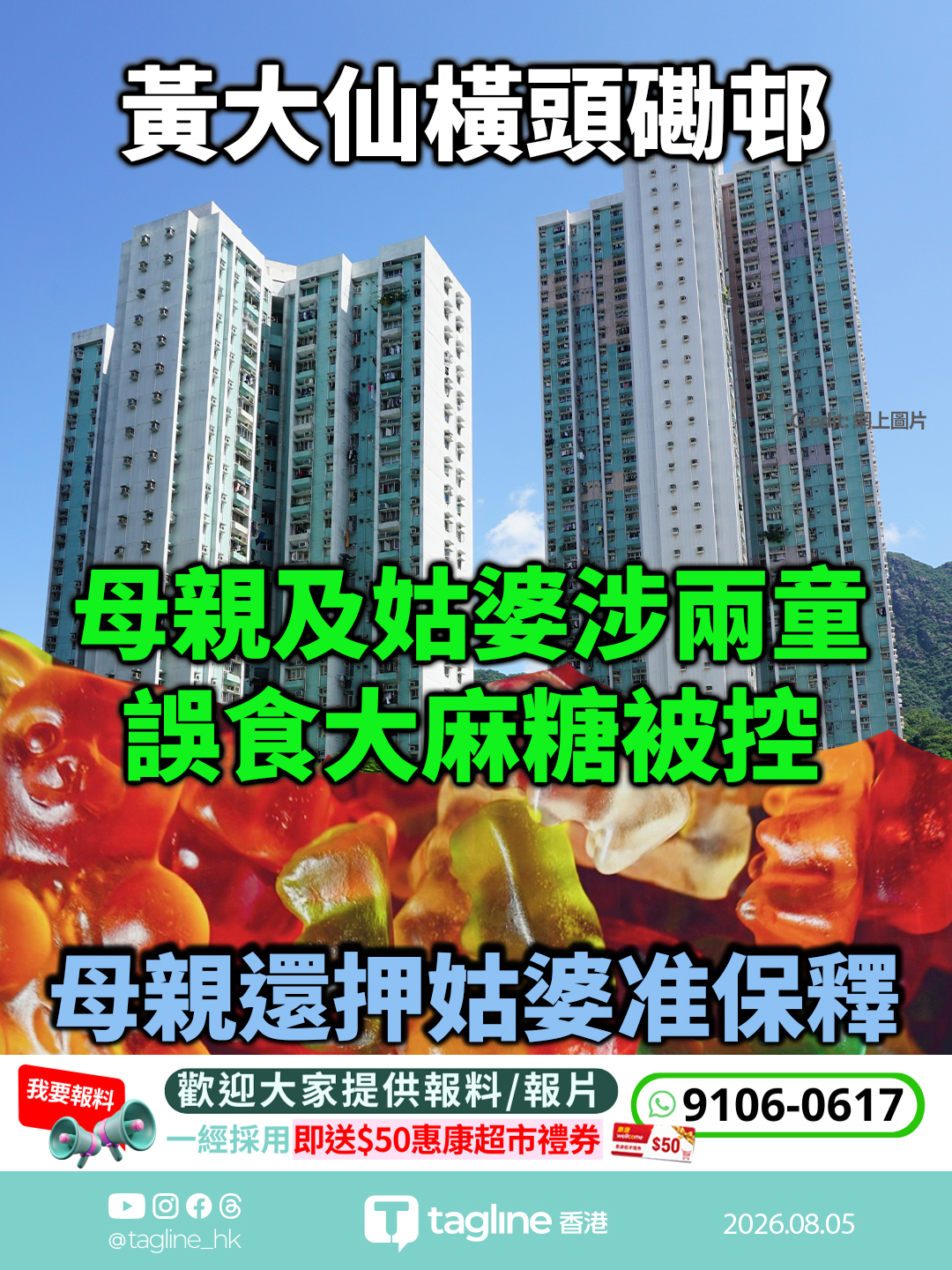 黃大仙橫頭磡邨母親及姑婆涉兩童誤食大麻糖被控 母親還押姑婆准保釋