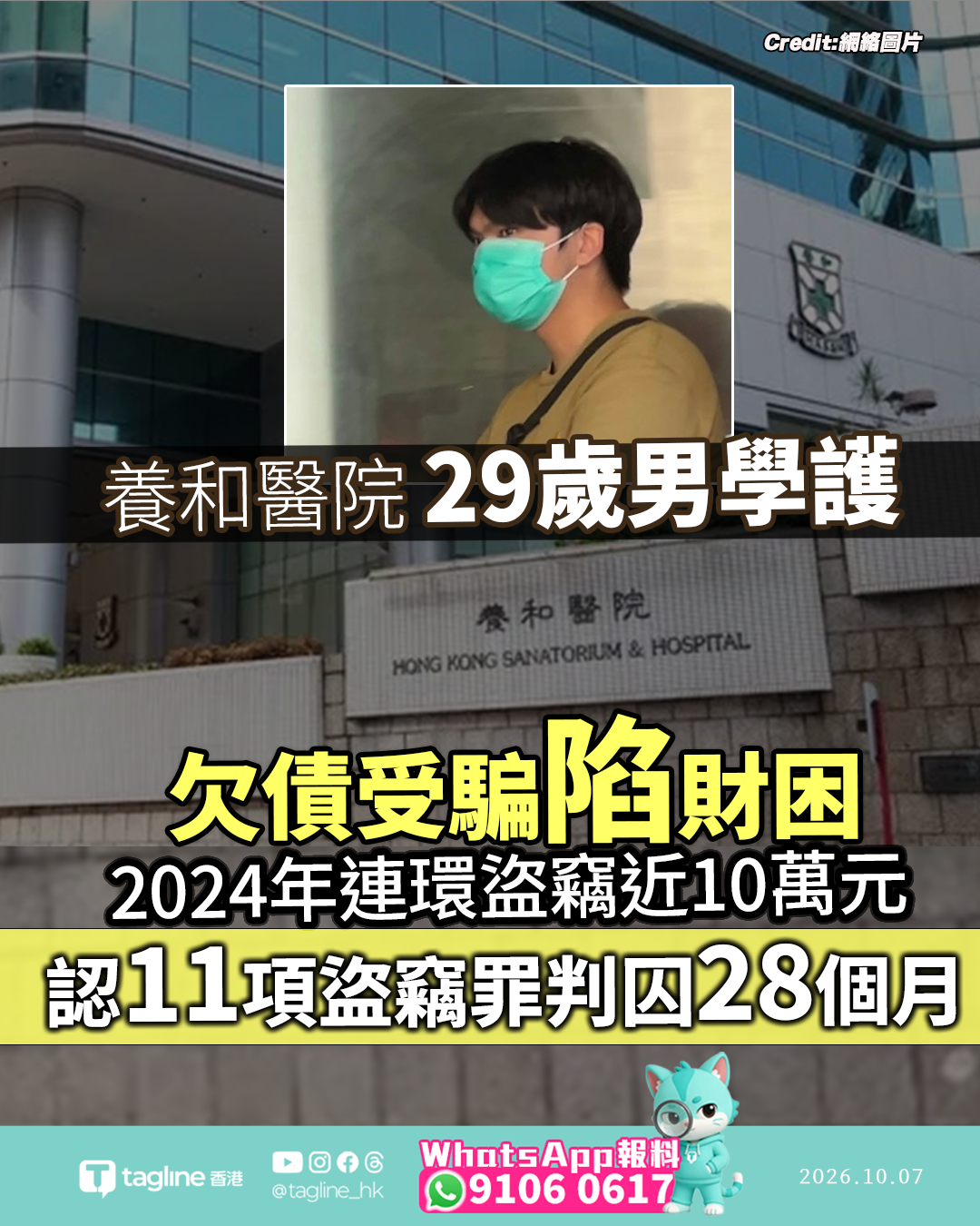 養和醫院27歲男學護連環盜竊近10萬元 認11項盜竊罪判囚28個月