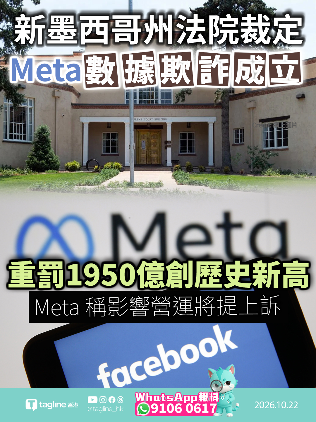 新墨西哥州法院裁定 Meta數據欺詐成立 重罰 250 億美元創歷史新高認定違規逾 4,000 萬次影響 200 萬居民 Meta 稱影響營運將提上訴